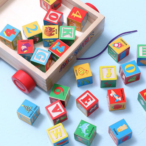 Atoylink ABC Wooden Building Blocks - 30 Pcs Alphabet & Number Stacking Toys with Storage Pull Toy Car for Toddlers 1-3