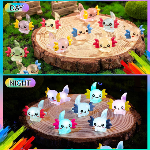 FFNIU 96Pcs Luminous Mini Resin Axolotl, Miniature Axolotl Figurines, Glow in The Dark Tiny Axolotls Ornament