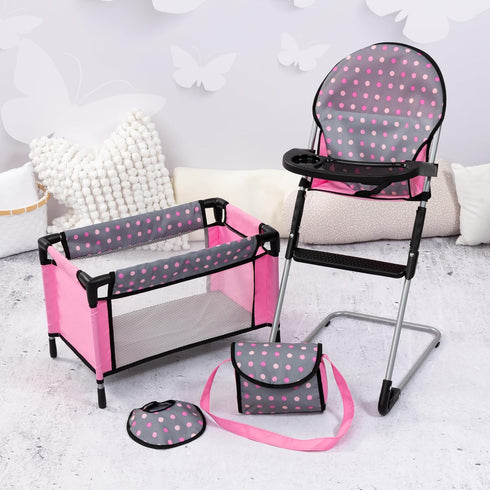 Set, Bayer Doll High Chair/Crib Grey, Pink with Dots
