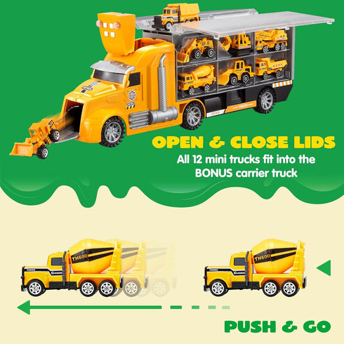 JOYIN 25 in 1 Construction Truck Vehicle Toy Set - Play Vehicles with Sounds and Lights in Carrier Truck