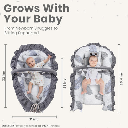 Nebulita 100% Newborn Lounger Leaf Gray - Flexible & Portable w/Infant Support Cushion, Soft & Breathable Cotton