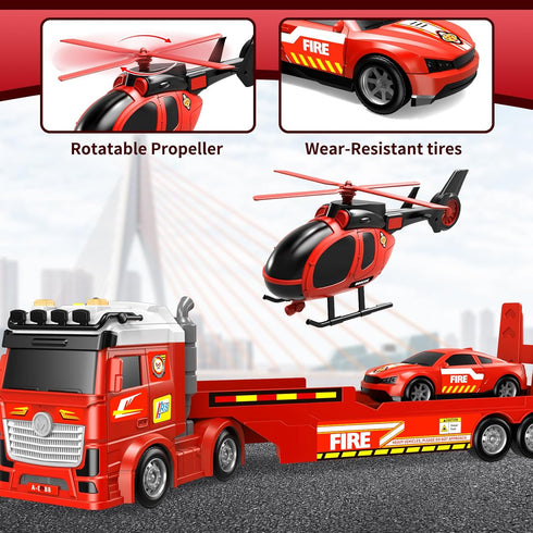 DWIRCTOYS 3 4 5 6 7 8 25" Kids Toys for Ages Years Old Boys, Large Fire Semi Truck with Helicopter & Race Car, Friction