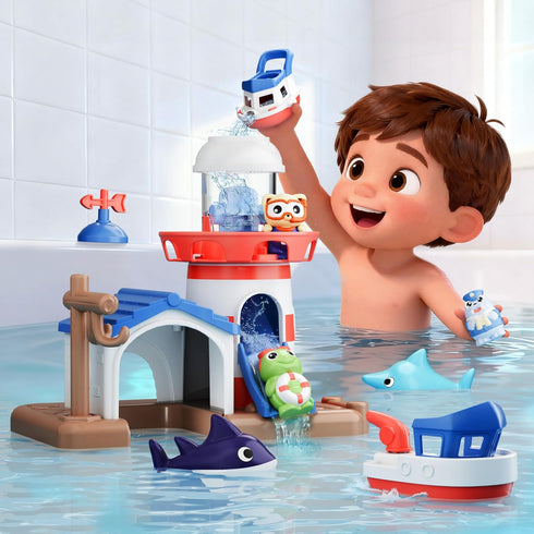 2-4, Set, Swimming 18 3 5 6 iPlay, iLearn Bath Toys for Toddlers Kids Lighthouse Bathtub Shower Toy Wind up Boat, Baby