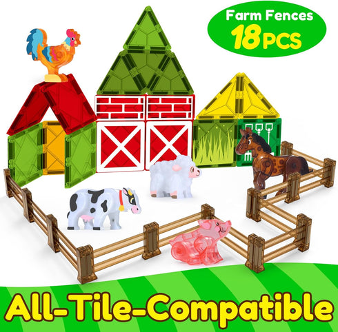 18pcs Oriate Farm Animals Fences Magnetic Tiles, Magnet Fencing Compatible Garden Farming Zoo Dinosaur, Kids Magnetic