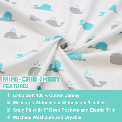 TL Care 100% Natural Cotton Fitted Mini Crib Sheet, Aqua Whale, 38" x 24", Soft & Breathable, Fits Pack N Play