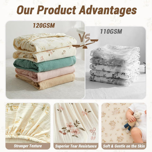 2PCS 52"x28" 100% Bailix Heavyweight Muslin Baby Crib Sheets - Neutral Fitted Crib Sheets for Boys Girls, Breathable