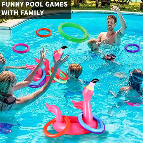 Camlinbo 15 Pcs Inflatable Flamingo Pool Toys, Ring Toss Pool Game, Hawaiian Beach Toys for Kids Adults