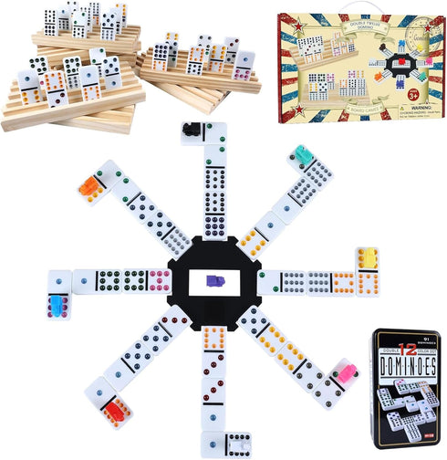 12 Set 8PCS 9 91 Set Double Mexican Train Dominoes for Adults with Wooden Holders, Train Markers, Color Dot Tile