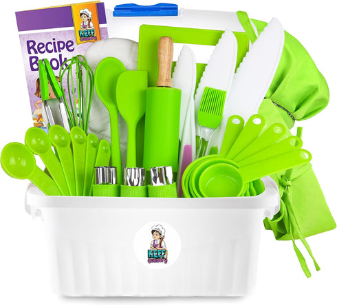 KEFF Kids Cooking and Baking Set, 30 Pcs Real Kitchen Utensils for Girls, Boys, Toddler - Green Kit with Apron & Chef
