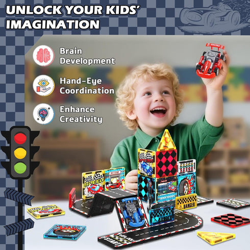Set, 2 3 4 5 6 7 8, 3 Magnetic Tiles Road Rail Race Track with Racer Cars, Magnetic Car Racing for Kids Ages Magnet