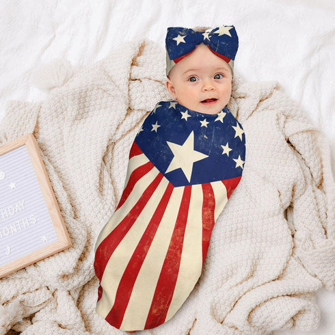 Set American Flag Swaddle Blankets Newborn Receiving Blanket Baby Swaddle Wrap with Headband Hat for Baby Girls Boys