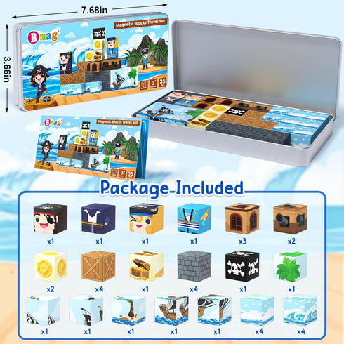 Kids,35 Set, 3+, Bmag Magnetic Building Blocks for PCS Pirate-Themed STEM Educational Magnet Toys for Kids Ages Travel