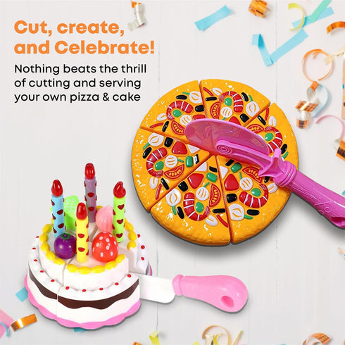 Set FUNERICA Play Food Goodies with Storage Box - Features Cutting Pizza, Ice Cream, Toy Birthday Cake, Fries, Dessert