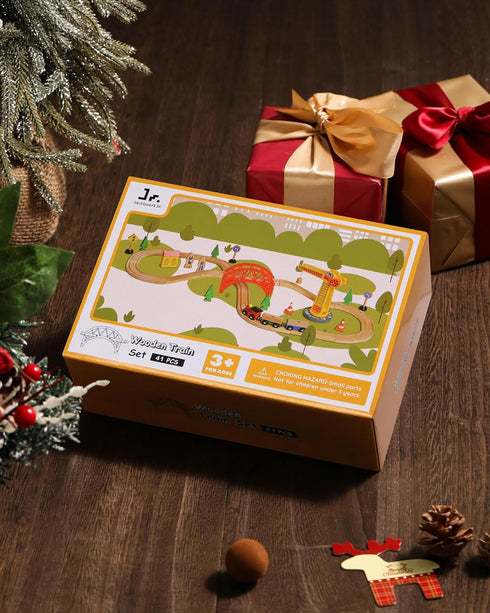 Set 41pcs 3+ SainSmart Jr. Wooden Train for Toddler, Wood Train Track w/Crane Fits Brio, Thomas, Melissa and Doug, Kids