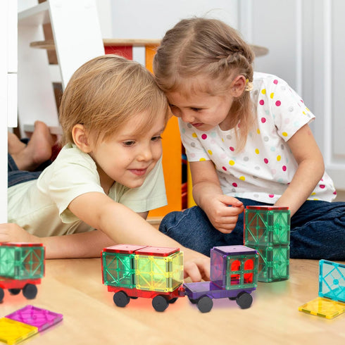 Playmags 2 Piece Car Set with Stronger Magnets, STEM Toys for Kids, Use with All Magnetic Tiles, Colors May Vary