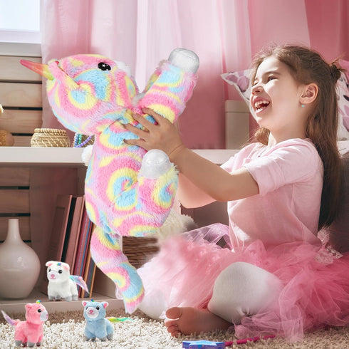 22inch Momma 4pcs 5 1 Playset Unicorn Stuffed Animals Cat Plush for Girls, Cat Plushie with Baby Kitty Toys