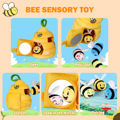 Sortnic 6-12 4 0-3 Baby Toys Months, Soft Beehive with Sensory Bees, Map Pad, Rattle, Crinkle Paper, Squeaker, Mirror