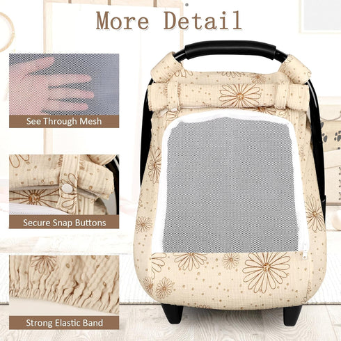Pea Pod Muslin Baby Car Seat Cover, with Extra Large Mesh Window Breathable Infant Car Seat Canopy Cover, Universal Fit