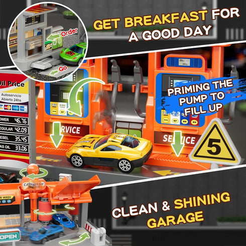 Playsets, 3-in-1 Playset, Playset, 1:64 1-3, Toy Cars Activity Drivers Gasstation, Car Wash, Car Restaurant Scale Toy