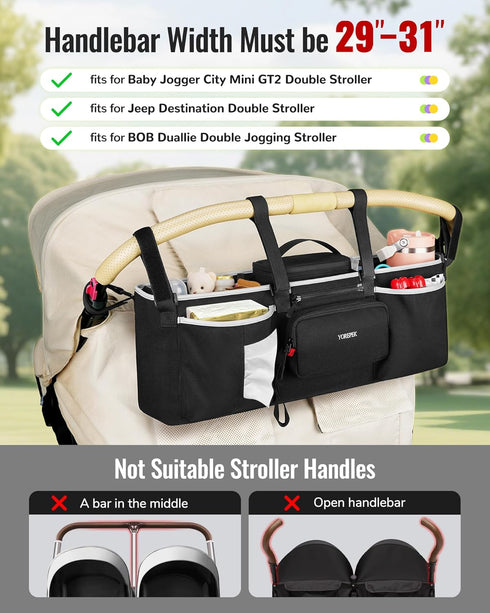 GT2 YOREPEK Heavy Duty Double Stroller Organizer for Bob Duallie, Baby Jogger City Mini and Jeep,Stroller Caddy