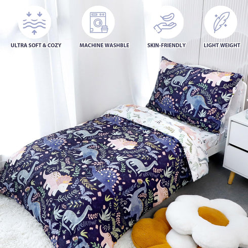 4 Set Set Set Pea Pod Piece Dinosaur Toddler Bedding for Boys, Premium Blue Toddler Comforter Crib Sheets Includes Flat