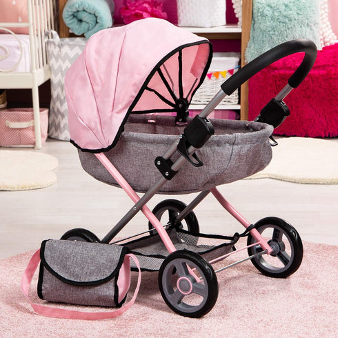 Bayer Dolls 4-in-1 Toy Baby Doll Pram Stroller Cosy Set, Fits Dolls Up to 18" (Pink/Grey)