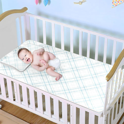 SyXIOP 28" 52" Blue and White Checkered Pattern Cooling Baby Fitted Crib Mattress x Absorbent Crib Bumper Pads