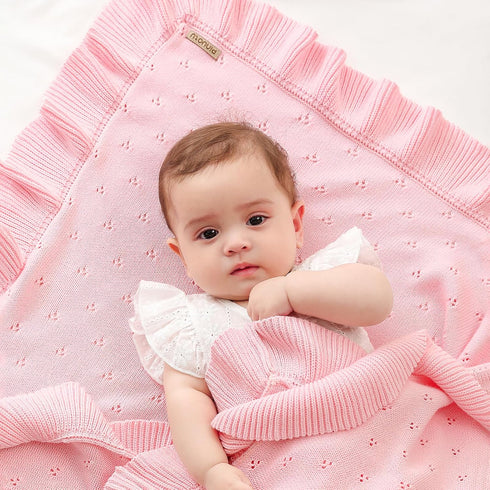 40 31 Inches Cozy Ruffle Cotton Pointelle Knitted Baby Blanket, x Soft Newborn Swaddle Blanket for Girls, Crib Stroller