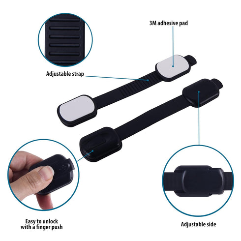 Child Proof Safety Locks - Baby Proofing Cabinet Lock with Adjustable Strap Latches, 6 Extra 3M Adhesives, Black