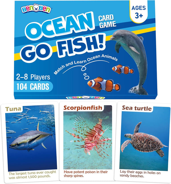 BenBen Go Fish Card Game for Kids - 104 Ocean Theme Memory Matching Cards with Real Photos, Fun Facts