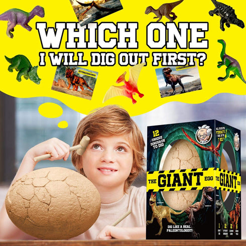 XXTOYS Dino Egg Dig Kit, Unearth Jumbo Dino Egg with 12 Different Dinosaur Toys, Educational STEM Toys for Kids 5-7