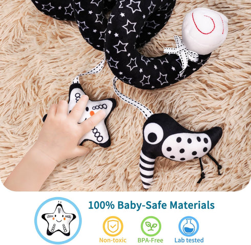 0-6 0+ 6-12 LiKee Spiral Car Seat Toys for Babies Months, Black High Contrast Plush Hanging Baby Stroller Toys, Crib