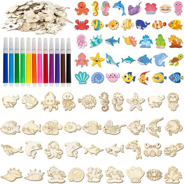 gisgfim 36Pcs Wooden Magnet Painting Craft Kit DIY Wooden Ocean Animal Magnets