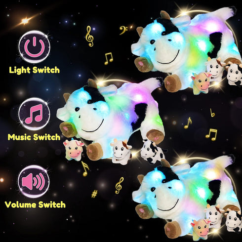 Hopearl LED Musical Stuffed Cow Playset, Singing Plush Toy with 3 Baby Cows, Adjustable Volume Lullaby.