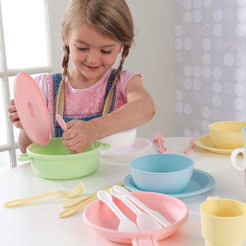 KidKraft 27-Piece Pastel Cookware Set | Plastic Dishes and Utensils for Play Kitchens, Gift for Ages 18 mo+