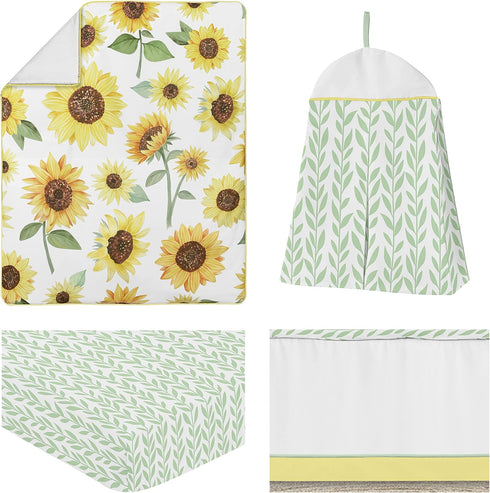 Set 4 Sweet Jojo Designs Yellow, Green and White Sunflower Boho Floral Baby Girl Nursery Crib Bedding - Pieces