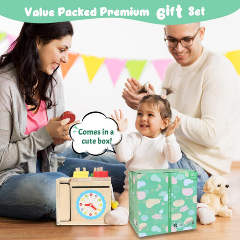 Wooden Montessori Baby Toys - 8-in-1 Play Kit with Shape Sorting, Stacking, Coin Box & More - Gift for Toddlers