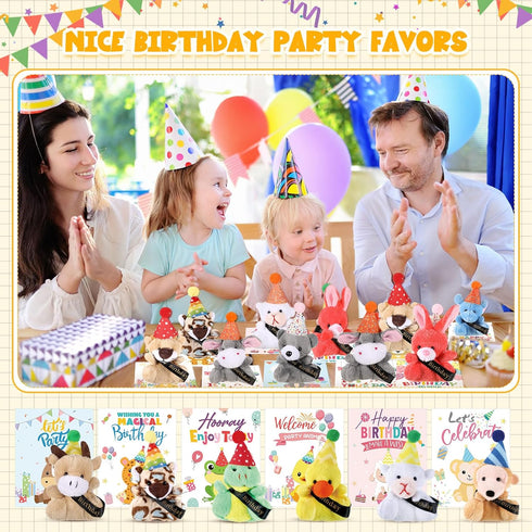 48 Pcs Birthday Mini Animal Plush Toy with Birthday Hats, Stuffed Animal Bulk for Kids, Classroom Reward Gifts
