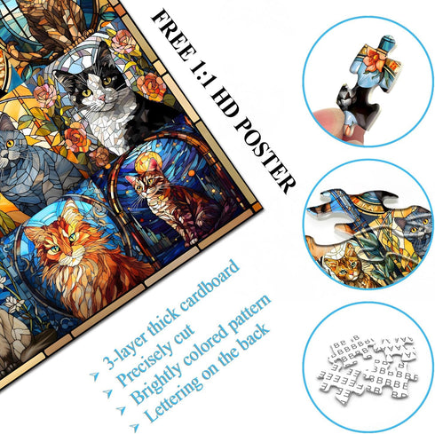 Stained Glass Cat Puzzle - 1000 Pieces, Colorful Kitty Collage, Challenging Jigsaw for Adults