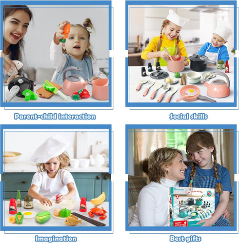 Bruvoalon 67Pcs Kids Play Kitchen Toys Set, Pretend Cooking Playset with Pots, Pans, Utensils, Foods, Learning Gift for
