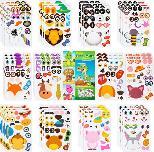 Make a Face Sticker Set for Kids, 42 Sheets with 12 Animals and 6 Dinosaur Stickers, Party Favor Supplies
