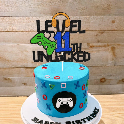 Level 11th Unlocked Cake Topper, Happy 11th Birthday Cake Decoration, Video Game Controller Theme Supplies