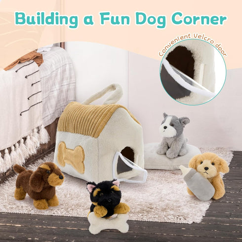 8-Piece Set, 9.8 Inch Set 4 Muiteiur Dog House Plush Plush Dog House with Cute Puppies, Magic Gate, Bottle, Bed Pad