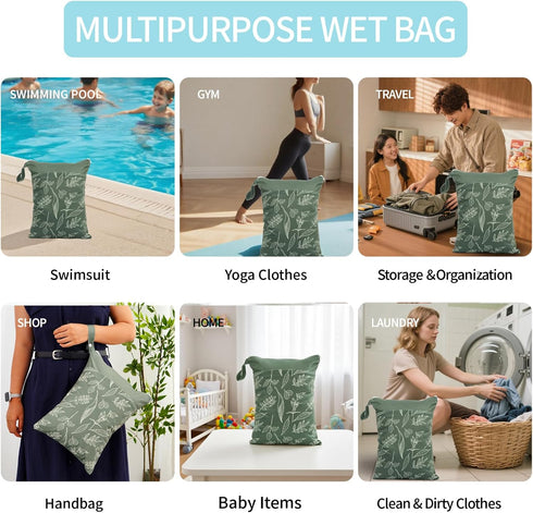 CoolaPeach 2pcs Wet Bags Waterproof Reusable Wet Dry Bag with Two Zippered Pockets Travel Beach Pool Daycare Yoga Gym