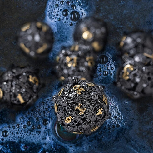 Metal DND Dice Set - Unique Round Hollow Orb Design for Better Rolling - Cthulhu Metal Dice for RPG (Black Gold)