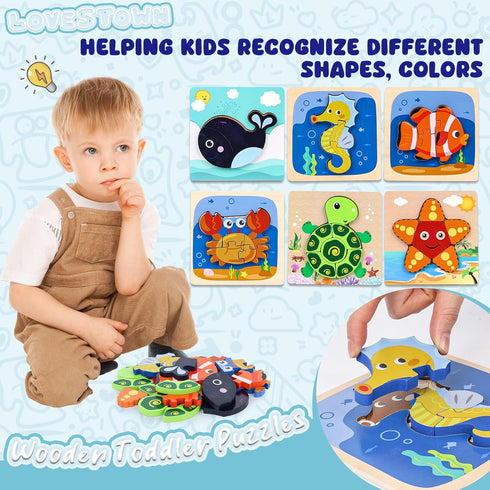 LovesTown 6PCS Wooden Toddler Puzzles - Montessori Sea Animal Jigsaw Puzzles for Kids Educational Gift
