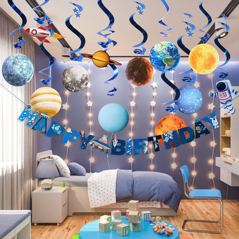 SUNBEAUTY Solar System Hanging Decoration, Happy Birthday Banner for Kids Birthday Party Supplies