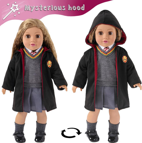 18 Inch Doll Clothes and Accessories Halloween Magic School Uniform Inspired Costume Doll Clothes Accessories Set Include Outfit Shoes for Girls (No Doll)