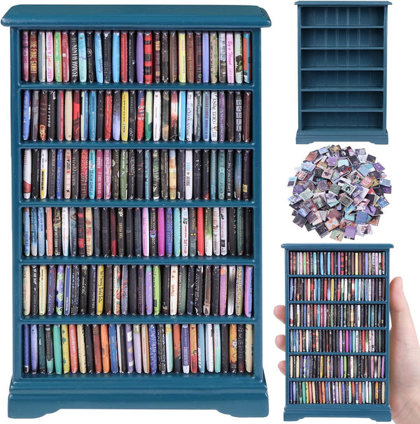 DIYDEC Mini Bookshelf with 180pcs Mini Books Miniature Blue Bookshelf Ornament Tiny