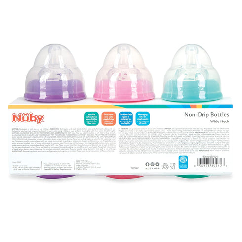 (3-Pack) 8 Oz 0+ Nuby Wide Neck Non-Drip Bottle - Baby Bottles with Anti-Colic Vari-Flo Valve - - Months - Aqua, Pink